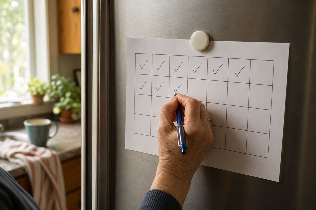 Marking a checkmark on the 28-day wall calendar on the fridge