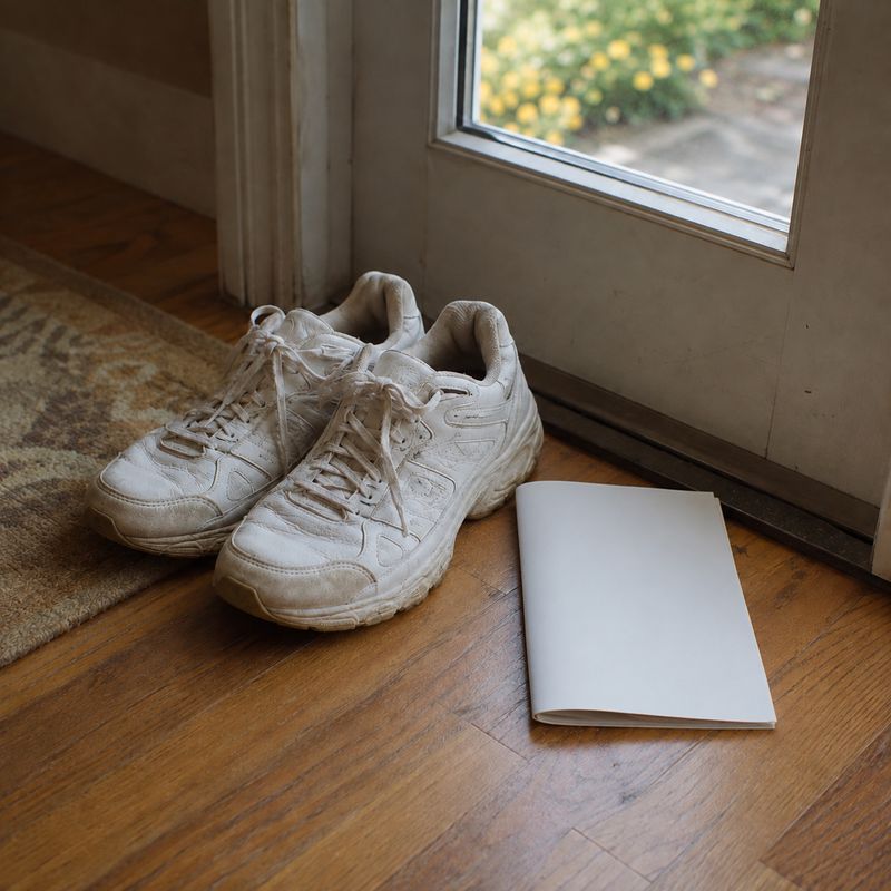Walking shoes and the printed plan by the front door